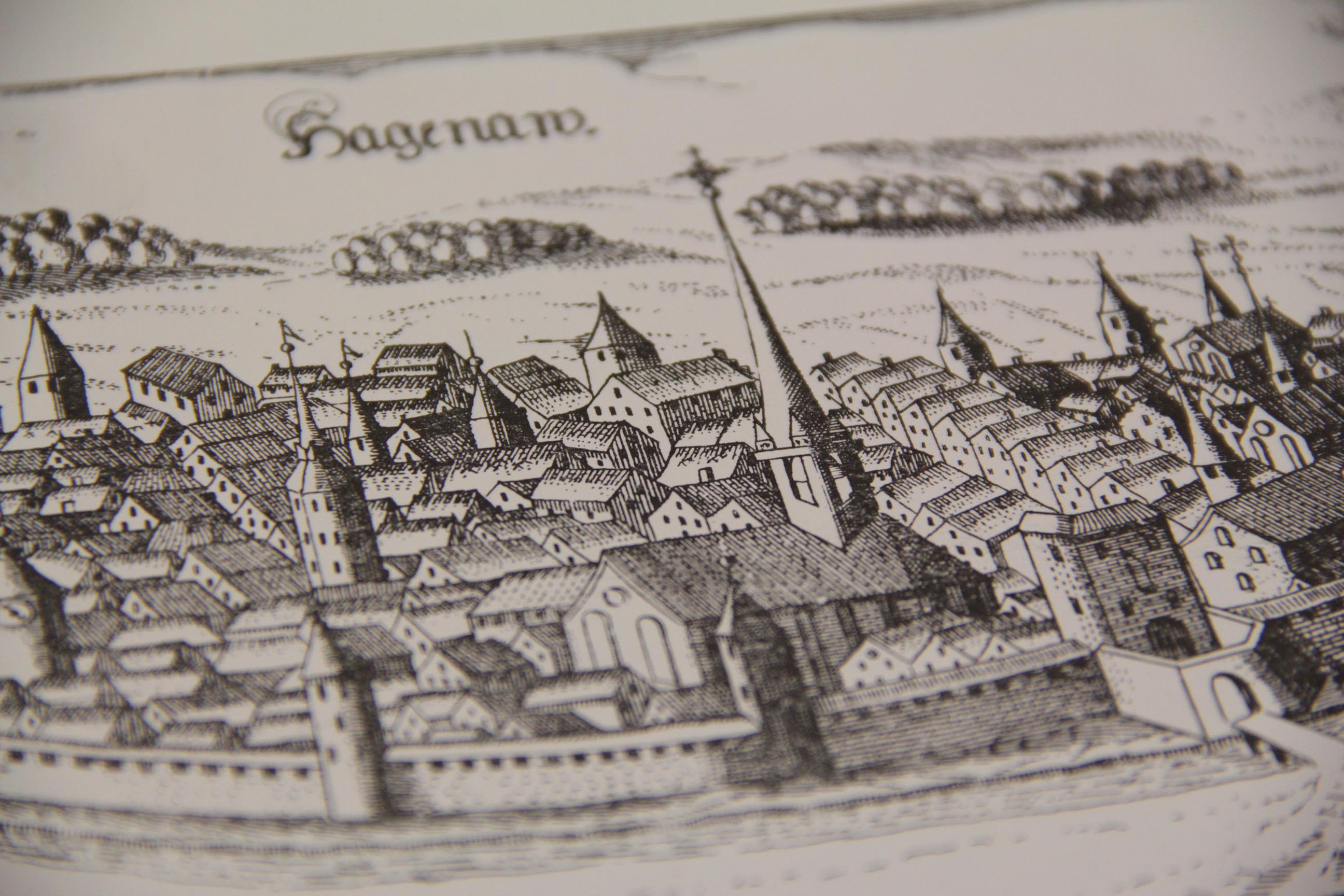 Gravure d'une vue aérienne de Haguenau
