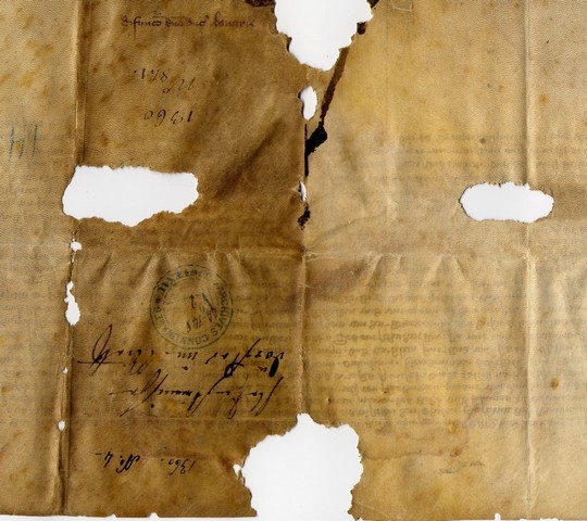 Archives anciennes d'un parchemin grignoté par les rongeurs